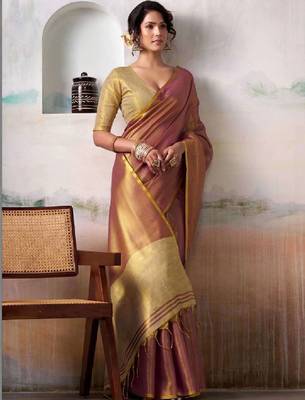 Purple tissue silk saree with deep cream border & unstitched blouse 1