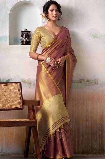 Purple tissue silk saree with deep cream border & unstitched blouse