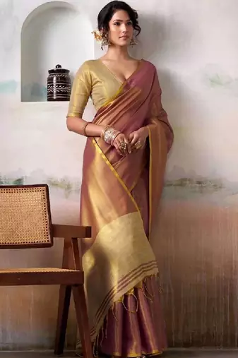 Purple tissue silk saree with deep cream border & unstitched blouse