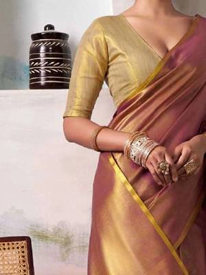 Purple tissue silk saree with deep cream border & unstitched blouse 2