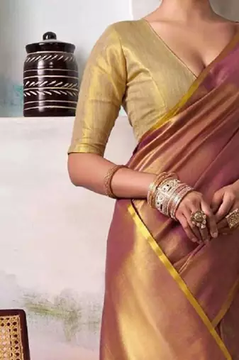 Purple tissue silk saree with deep cream border & unstitched blouse
