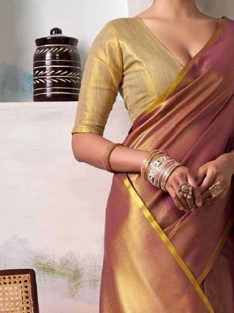 Purple tissue silk saree with deep cream border & unstitched blouse