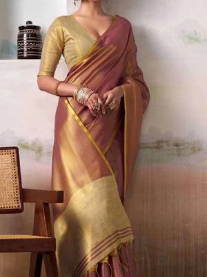 Purple tissue silk saree with deep cream border & unstitched blouse 3