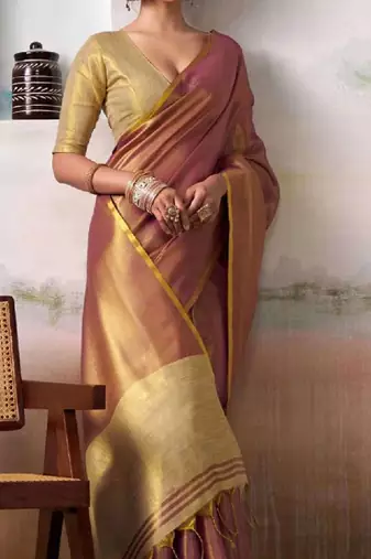 Purple tissue silk saree with deep cream border & unstitched blouse
