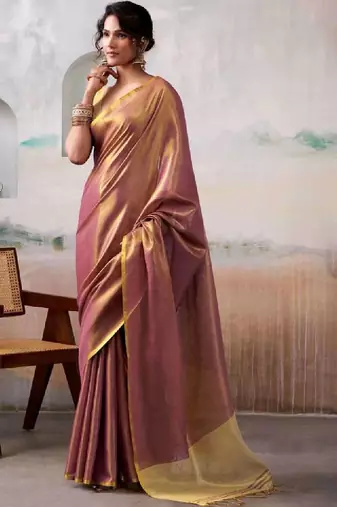 Purple tissue silk saree with deep cream border & unstitched blouse