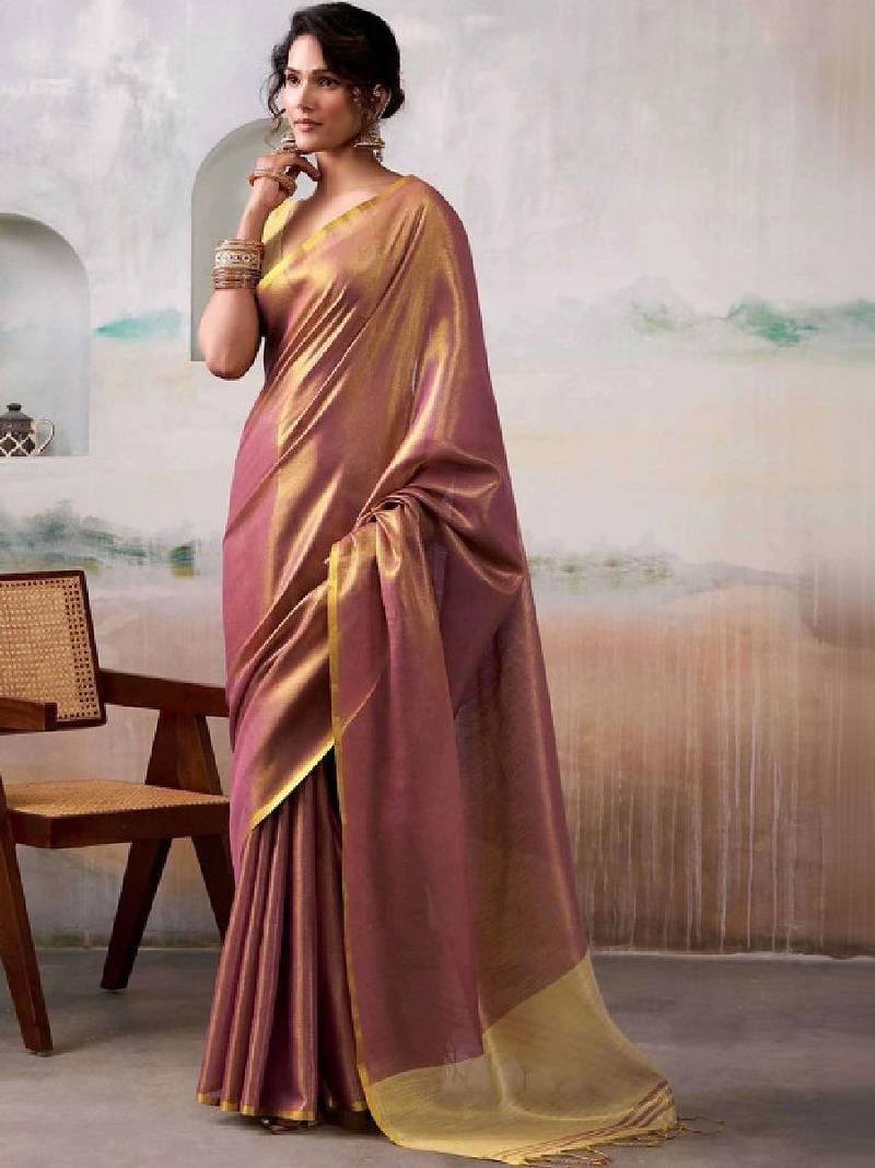 Purple tissue silk saree with deep cream border & unstitched blouse