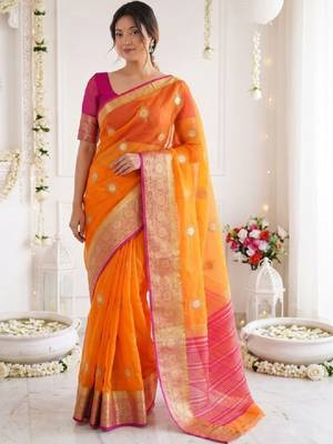Woven design zari organza designer kanjeevaram saree 1