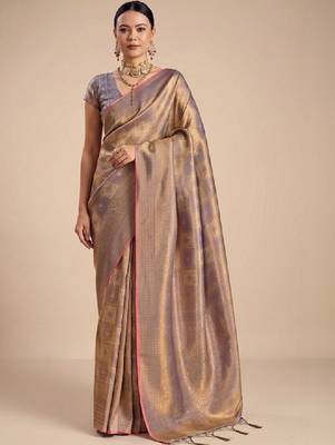 Rose gold kanjivaram woven design sarees with blouse piece unstiched blouse 1