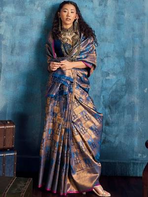 Woven design kanjeevaram saree with blouse piece 3