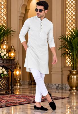 Men's off-white cotton kurta with white pyjama set 1