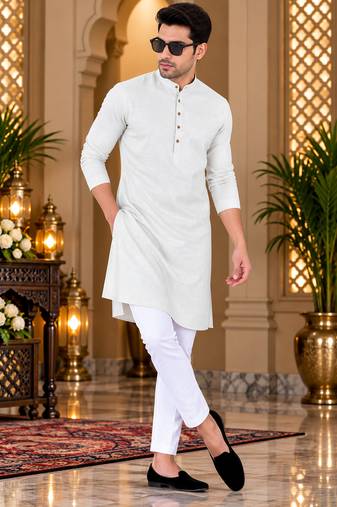 Men's off-white cotton kurta with white pyjama set