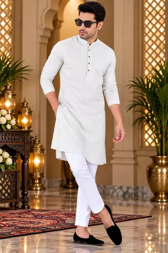 Men's off-white cotton kurta with white pyjama set