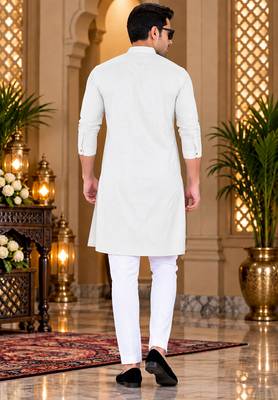 Men's off-white cotton kurta with white pyjama set 2