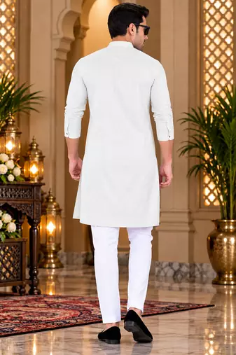 Men's off-white cotton kurta with white pyjama set