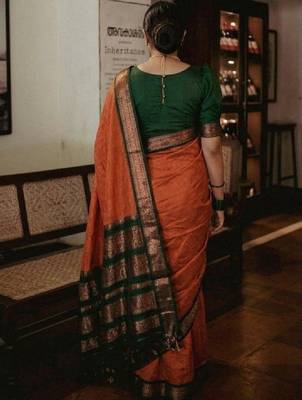 Ethnic motifs zari silk blend handloom kanjeevaram saree 3