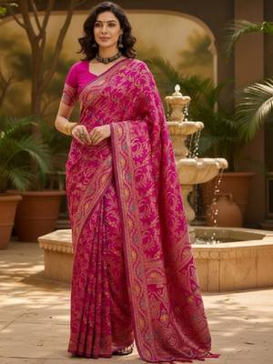 Floral woven design kanjeevaram sarees with blouse piece 1