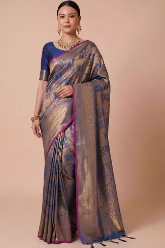 Blue kanjivaram woven design sarees with blouse piece unstiched blouse