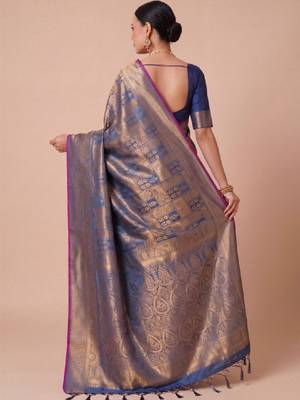 Blue kanjivaram woven design sarees with blouse piece unstiched blouse 2