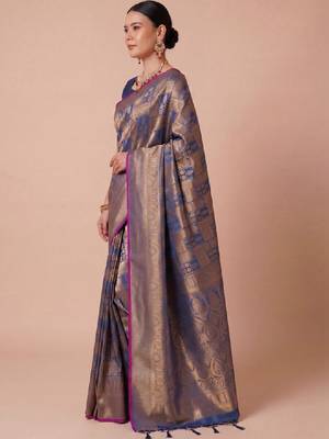 Blue kanjivaram woven design sarees with blouse piece unstiched blouse 3