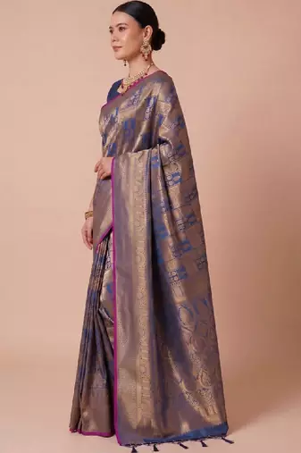 Blue kanjivaram woven design sarees with blouse piece unstiched blouse