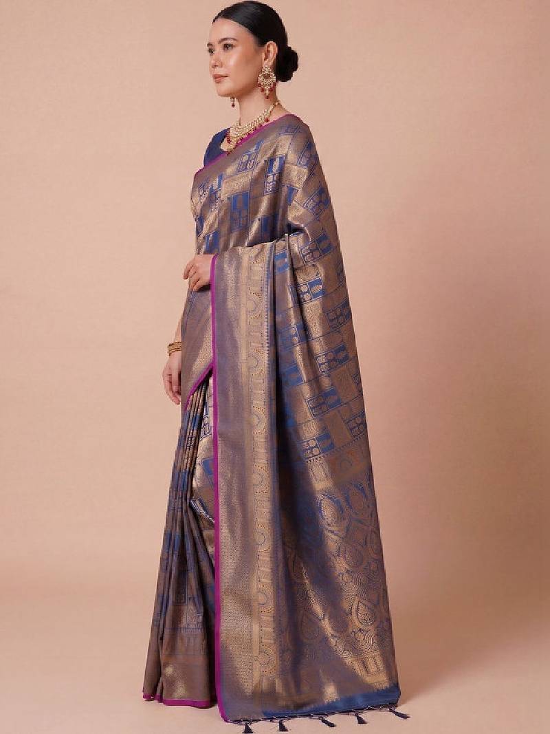 Blue kanjivaram woven design sarees with blouse piece unstiched blouse