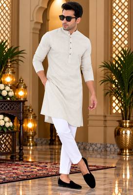 Men's cream textured cotton kurta with white pyjama set 1
