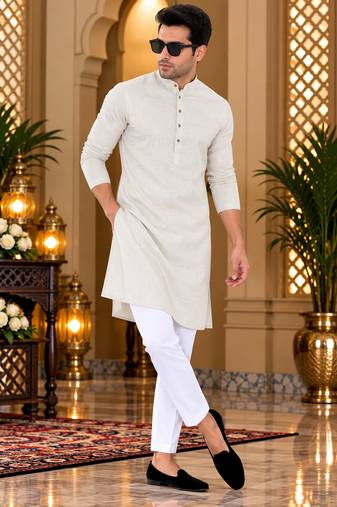 Men's cream textured cotton kurta with white pyjama set