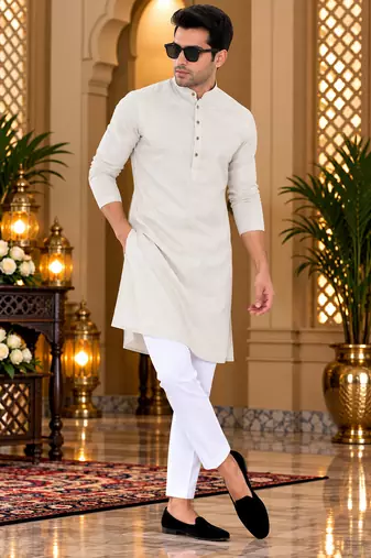Men's cream textured cotton kurta with white pyjama set