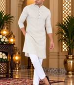 Men's cream textured cotton kurta with white pyjama set
