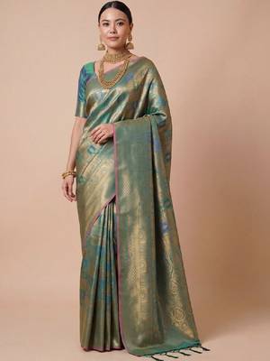 Teal kanjivaram woven design sarees with blouse piece unstiched blouse 1