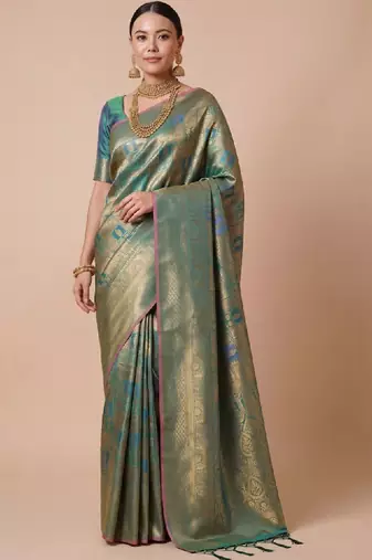Teal kanjivaram woven design sarees with blouse piece unstiched blouse