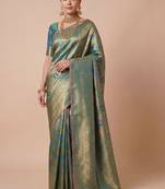 Teal kanjivaram woven design sarees with blouse piece unstiched blouse