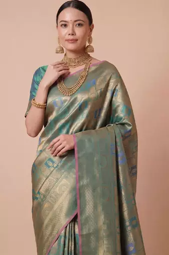Teal kanjivaram woven design sarees with blouse piece unstiched blouse