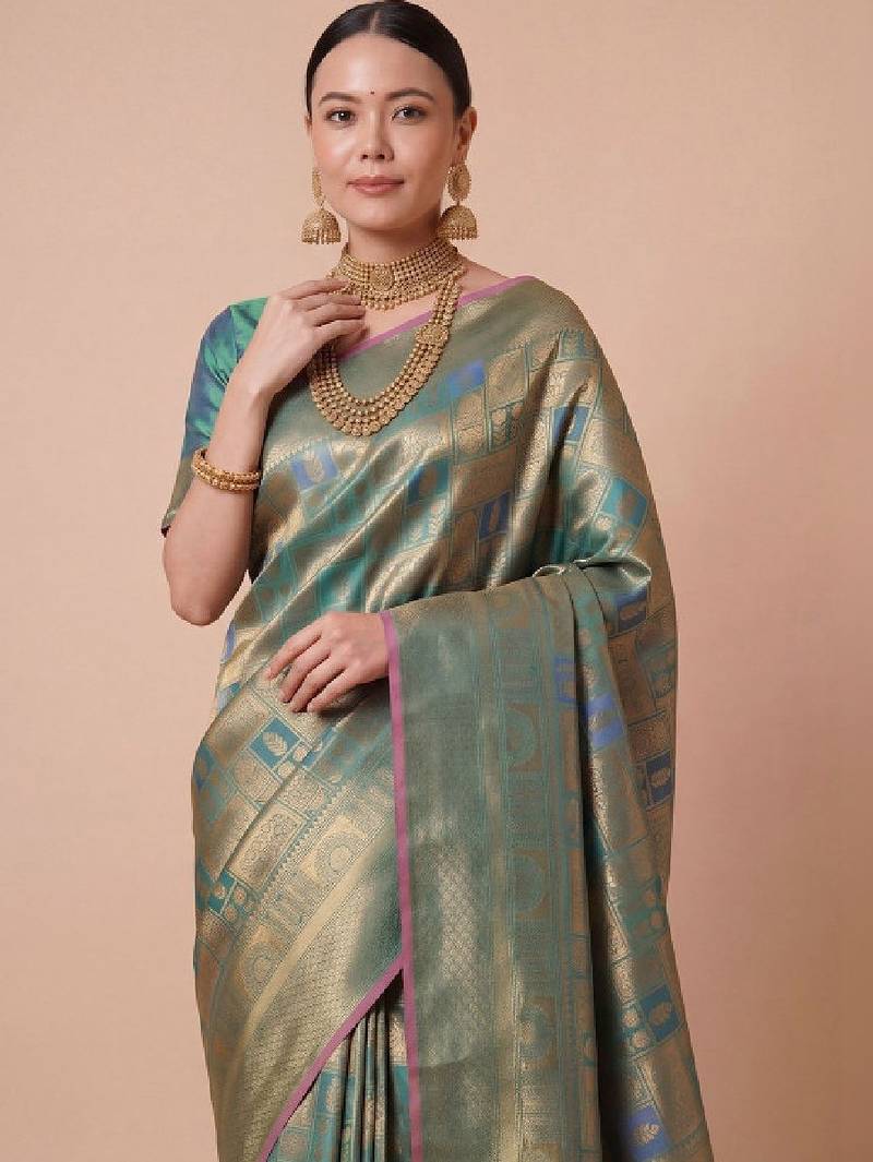 Teal kanjivaram woven design sarees with blouse piece unstiched blouse