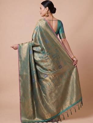 Teal kanjivaram woven design sarees with blouse piece unstiched blouse 3