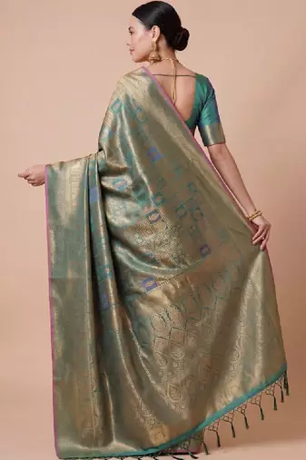 Teal kanjivaram woven design sarees with blouse piece unstiched blouse