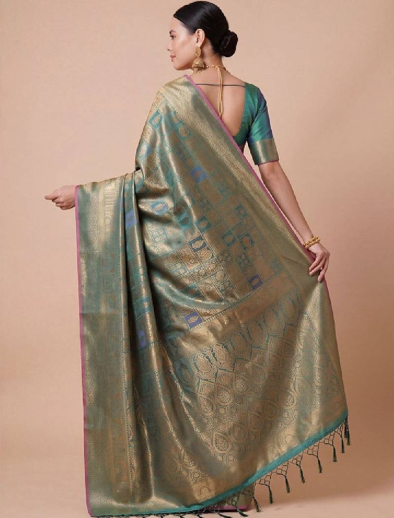 Teal kanjivaram woven design sarees with blouse piece unstiched blouse