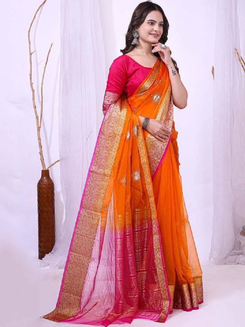 Tie and dye embroidered organza designer kanjeevaram saree