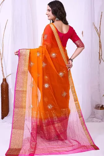 Tie and dye embroidered organza designer kanjeevaram saree