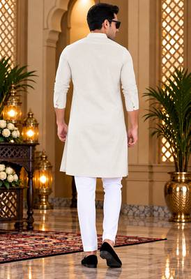 Men's cream textured cotton kurta with white pyjama set 2