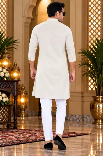 Men's cream textured cotton kurta with white pyjama set