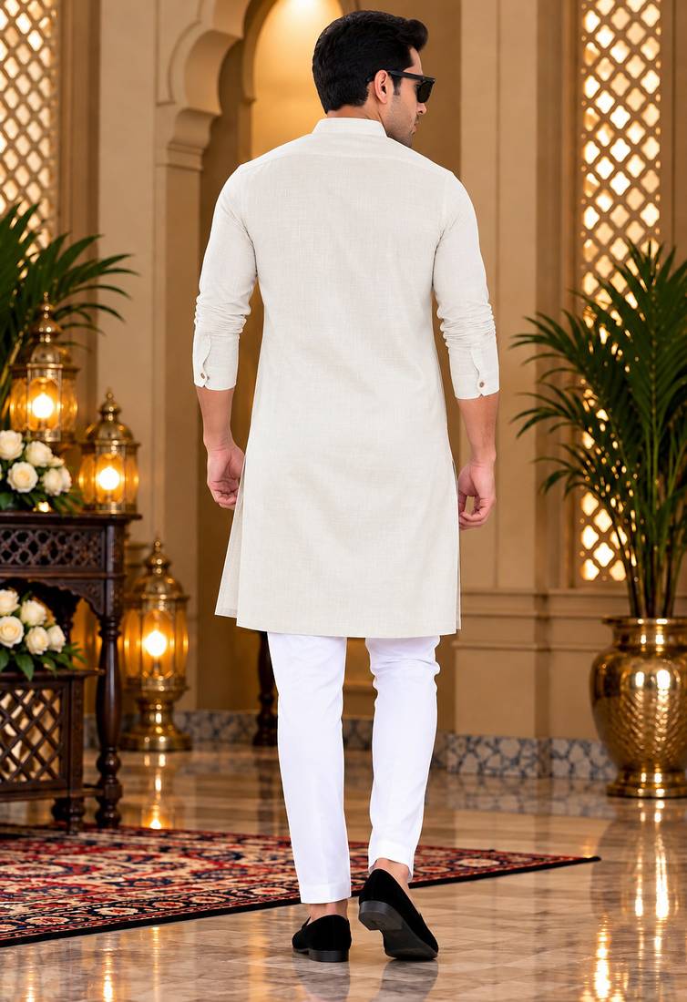 Men's cream textured cotton kurta with white pyjama set