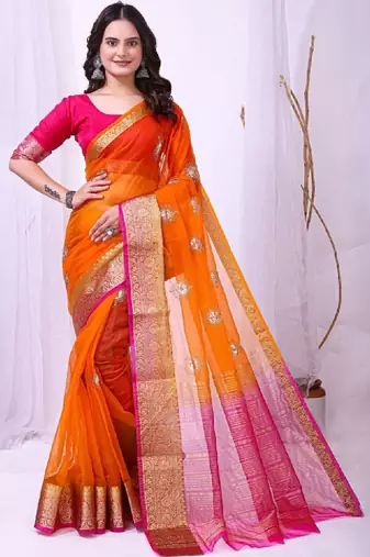 Tie and dye embroidered organza designer kanjeevaram saree