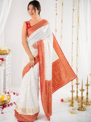 Ethnic motifs zari silk blend handloom kanjeevaram saree 1