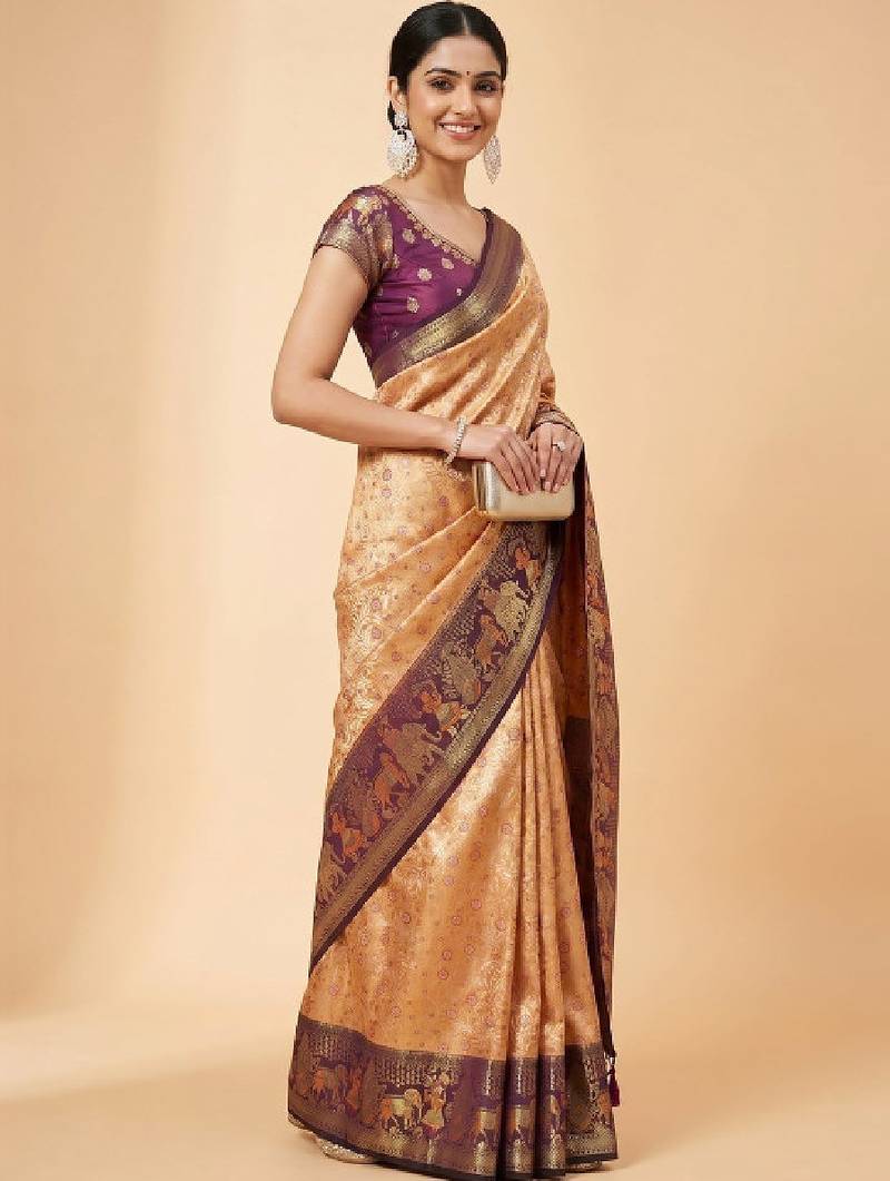 Ethnic motifs zari art silk handloom kanjeevaram saree