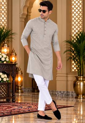 Men's grey textured cotton kurta with white pyjama set 1