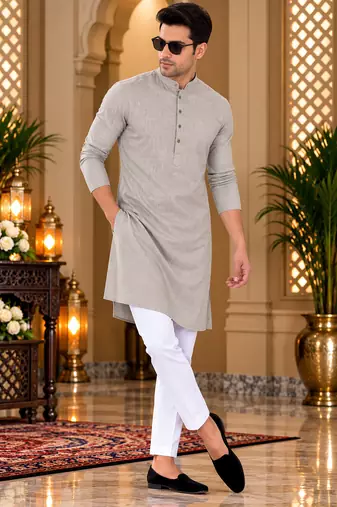 Men's grey textured cotton kurta with white pyjama set