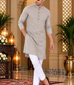 Men's grey textured cotton kurta with white pyjama set