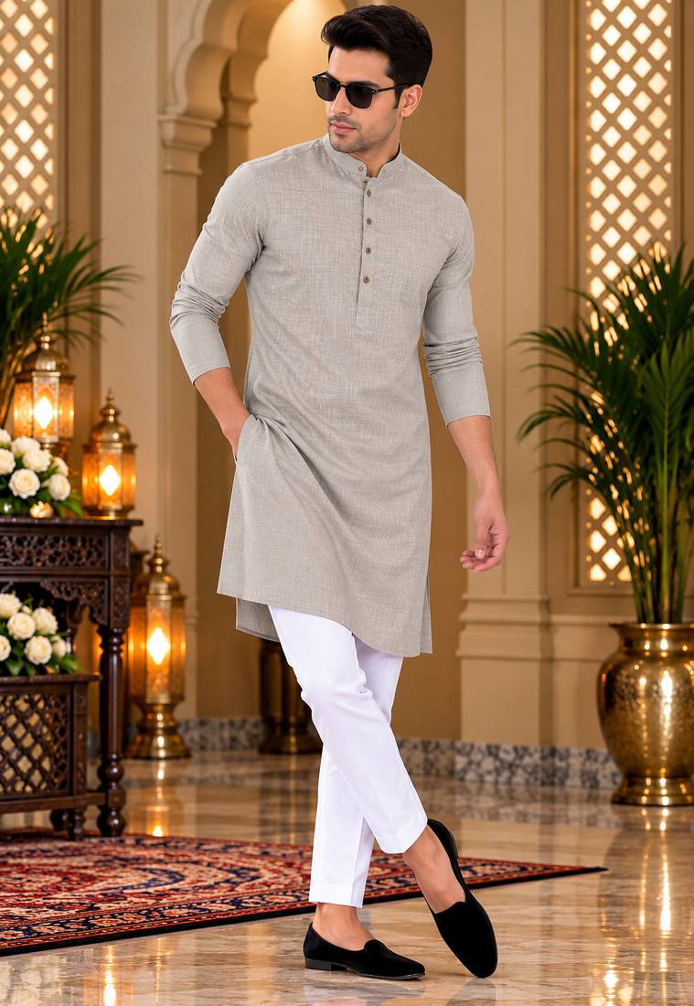 Men's grey textured cotton kurta with white pyjama set