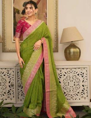 Woven design zari silk blend heavy work kanjeevaram saree 1